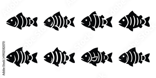 Set of silhouette armored fish in various poses isolated on background. Animal Vector elements for design.