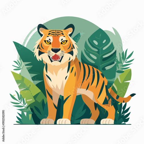 Majestic Tiger Amidst Lush Tropical Foliage A Vibrant Jungle Encounter Illustration