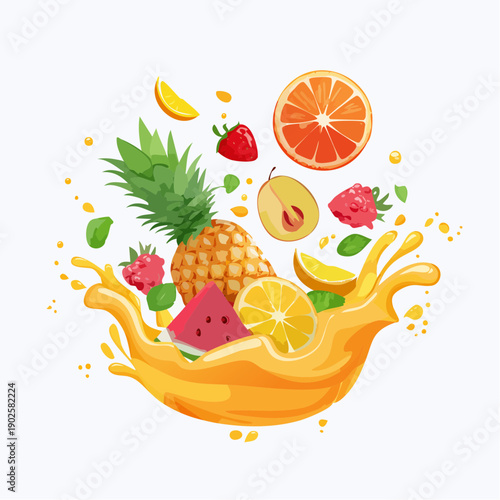 Vibrant Assortment of Fresh Fruits Splashing into Orange Juice