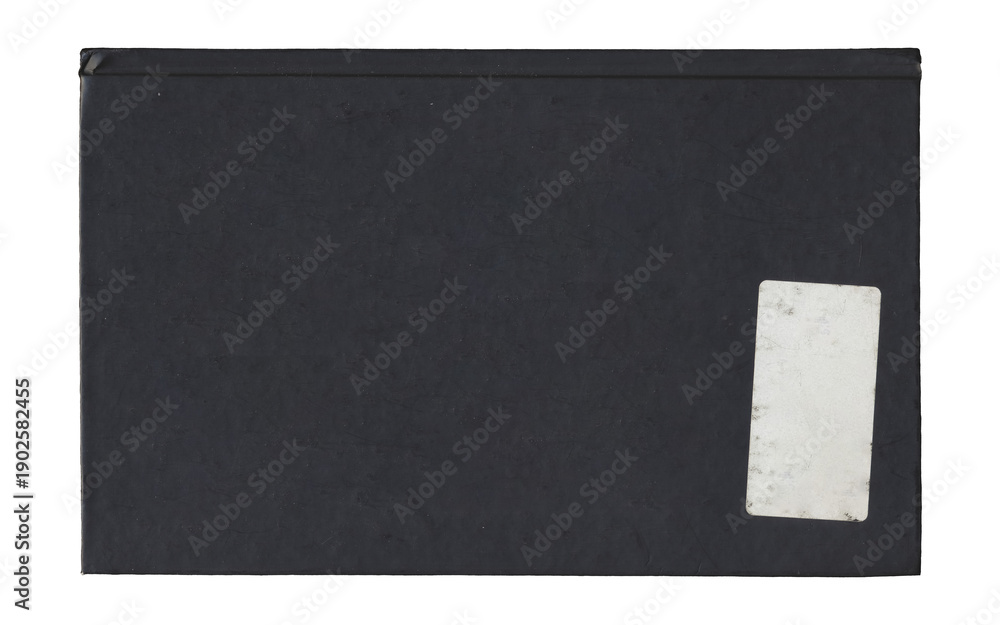 Fototapeta premium Black book cover back view with blank sticker label isolated on transparent background