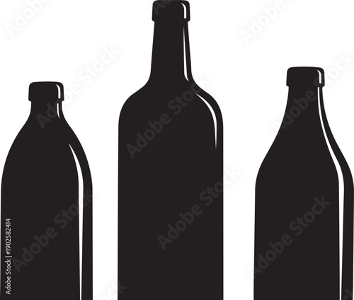 Bottle silhouettes trio glass contour vector set for packaging labels