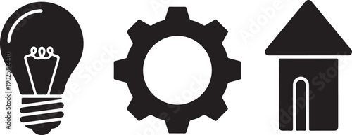 Business idea development with gear and house building icon set