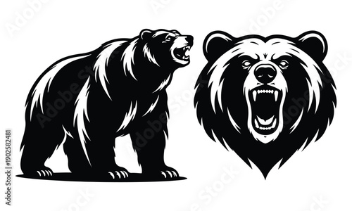 Bear and bear head silhouette vector illustration on white background