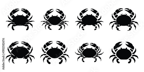 Set of silhouette crab in various poses isolated on background. Animal Vector elements for design.