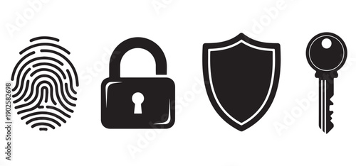 Fingerprint lock shield key icon set safe data privacy system tech tool kit