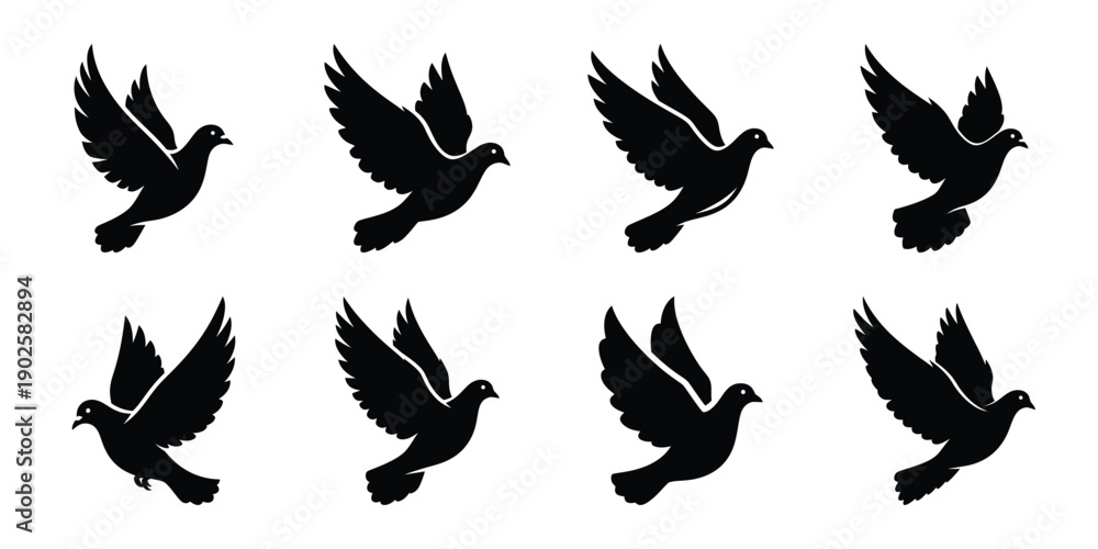 Fototapeta premium Set of silhouette dove in various poses isolated on background. Animal Vector elements for design.