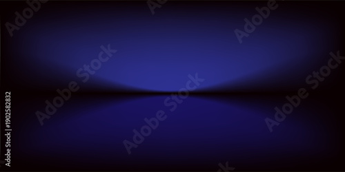 Blue studio gradient background. Abstract empty room backdrop. 3d vector cool light texture. Luxury neon lights limbo bg. Dark festive color bg. Modern photo studio spotlight glow podium gradation
