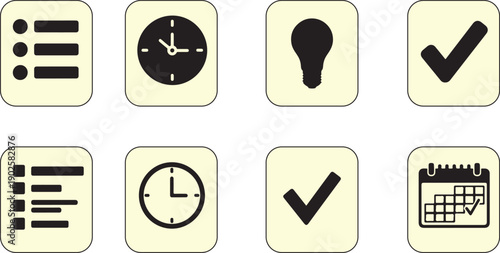 Productivity icons checklist clock bulb checkmark calendar vector set ui