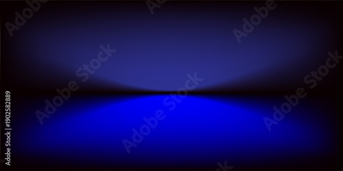 Blue studio gradient background. Abstract empty room backdrop. 3d vector cool light texture. Luxury neon lights limbo bg. Dark festive color bg. Modern photo studio spotlight glow podium gradation