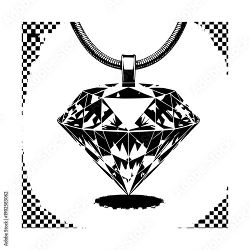 Precious Gem Silhouette: A dazzling, precisely rendered diamond pendant takes center stage, its facets gleaming in stark monochrome against a minimalist backdrop.