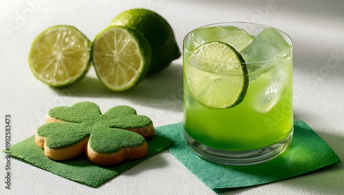 A refreshing lime drink with shamrock cookies for st patrick s day