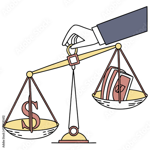 Hand balancing scales with dollar sign and banknotes