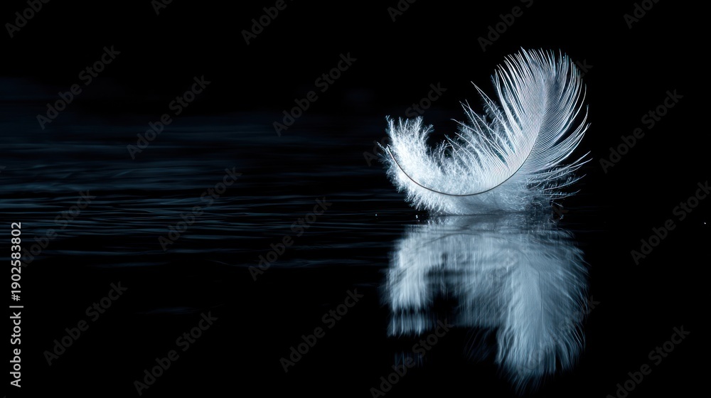 Obraz premium White Feather Floating on Dark Water Surface.
