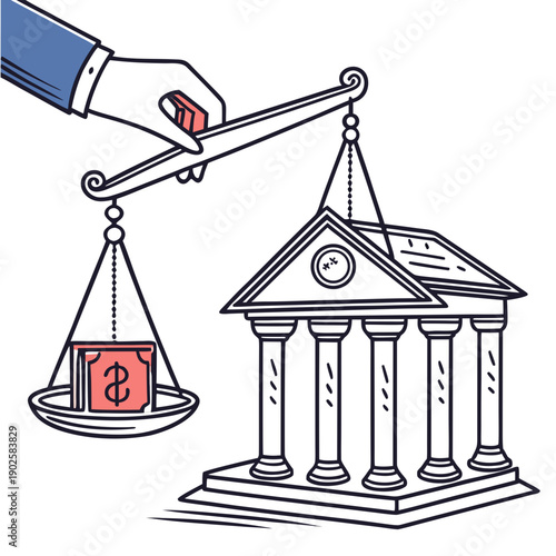 Hand balancing bank building and money on scales balance