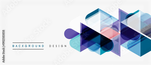 Abstract geometric shapes overlap, creating modern design. Blue, purple hues dominate white background. Minimalist aesthetic.