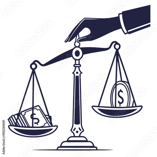 Hand balancing money on scales with banknotes and dollar coin