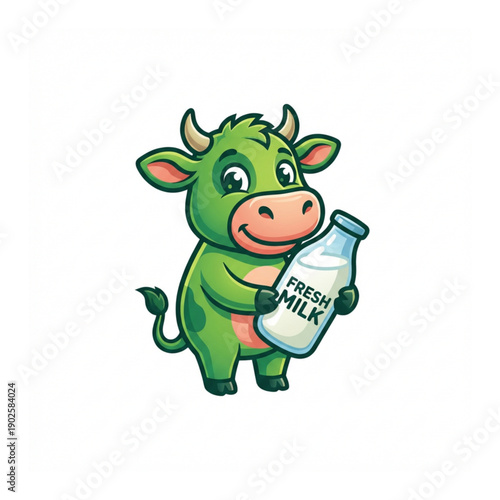 Green Cow with Milk: A cheerful cartoon illustration features a vibrant green cow holding a bottle of fresh milk, capturing the essence of dairy and wholesome goodness.