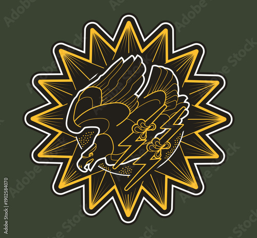 United States Air Medal with an American Eagle, swooping downward (attacking) and clutching a lightning bolt in each talon. Medal of honor. Military patch emblem badge.