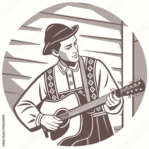 Folk music performer playing acoustic guitar in traditional outfit