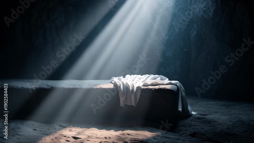 Empty tomb of Jesus Christ bathed in heavenly light, the shroud of Turin on a stone slab inside a resurrection cave. Easter concept.