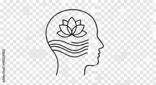 Mindfulness and mental wellbeing represented by a human head silhouette with a lotus flower and flowing water symbols symbolizing peace and tranquility