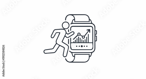 Running activity tracker icon showcasing a person running with a heart rate and activity graph on a smartwatch screen