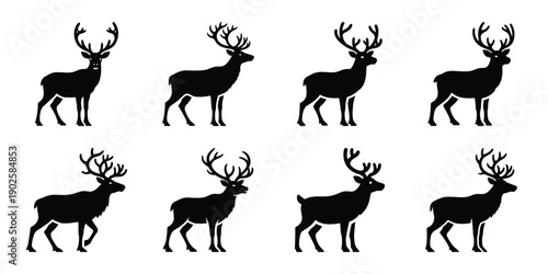 Set of silhouette reindeer in various poses isolated on background. Animal Vector elements for design.