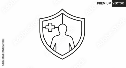 Vector graphic of a shield with a human silhouette and a medical cross, representing health insurance and protection for individuals and well-being services