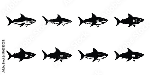 Set of silhouette shark in various poses isolated on background. Animal Vector elements for design.