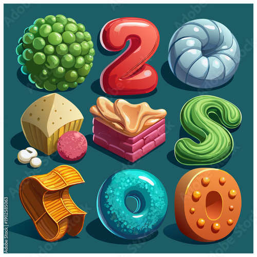 Colorful 3D number two with assorted fruits and objects on blue
