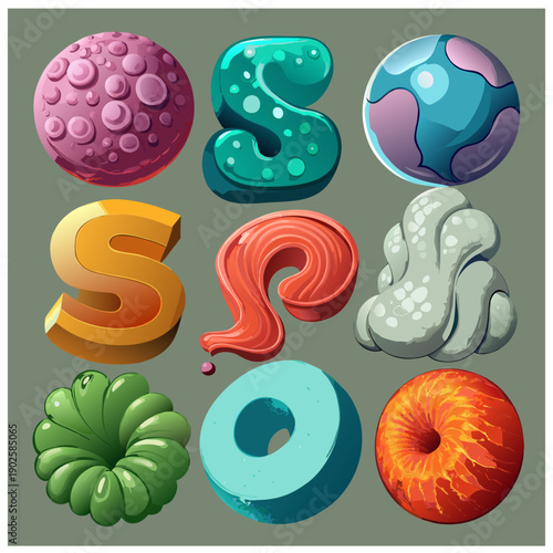 Colorful 3D donut shapes collection on green grid background
