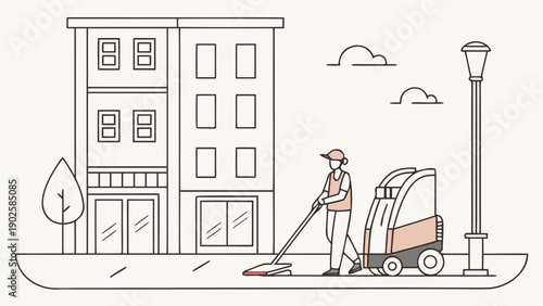 Street cleaner operating machine in urban environment with buildings  