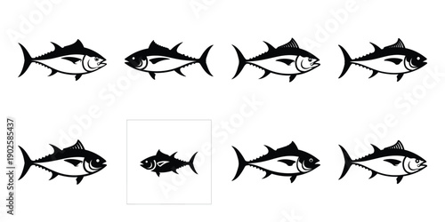 Set of silhouette tuna in various poses isolated on background. Animal Vector elements for design.