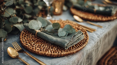 Elegant table setting with woven placemats silverware and eucalyptus foliage