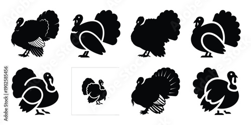 Set of silhouette turkey in various poses isolated on background. Animal Vector elements for design.