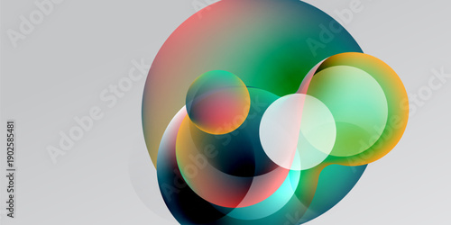 Abstract circles overlap, creating vibrant color blends. Soft gradients suggest depth, light interplay. Minimalist design, modern aesthetic.