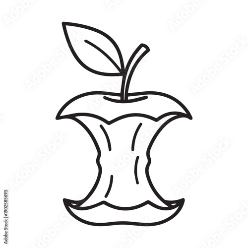 Outline illustration of an eaten apple core with a single leaf.