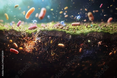 Detailed scientific illustration of microorganisms in action within soil, focusing on the decomposition of organic material.