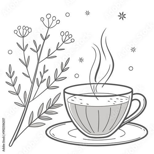 Herbal tea still life with glass cup and saucer and plant