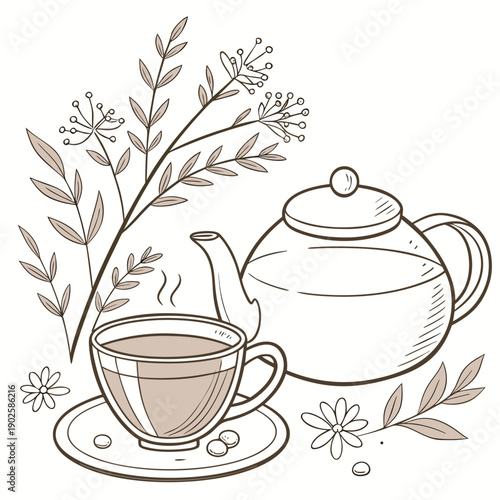 Herbal tea still life with glass cup and teapot and flowers