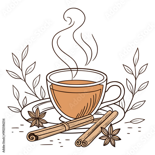 Steaming cup of tea with cinnamon sticks and star anise 1