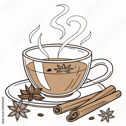 Warm tea still life with glass cup cinnamon sticks and star anise