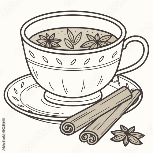 Herbal tea cup with cinnamon sticks and star anise 1