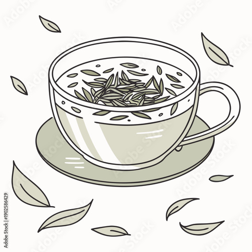 Herbal tea cup with floating leaves transparent background