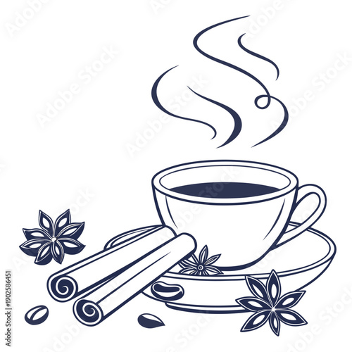 Steaming cup of tea with cinnamon sticks and star anise on saucer