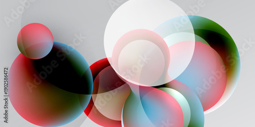 Abstract composition featuring overlapping translucent circles. Colors include red, blue, green, white, black background. Soft gradients present.