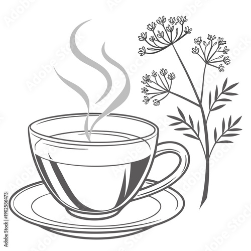 Traditional herbal tea cup with saucer and plant transparent