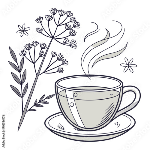 Traditional herbal tea cup with saucer and flowers