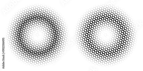 Halftone circle dotted frame circularly distributed set. Abstract dots logo emblem design element.