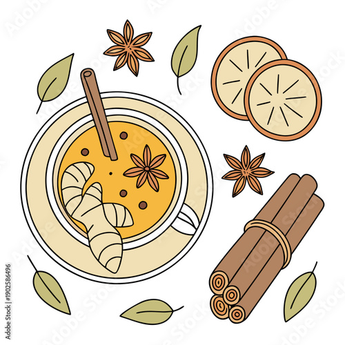 Yellow tea with ginger cinnamon star anise and lemon slices